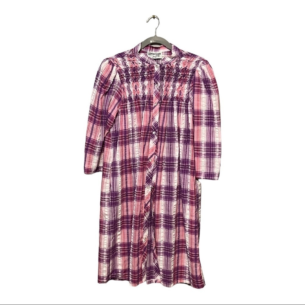 Coffee Coat by Saybury Vintage Pearl Snap House Coat Purple Pink Plaid Large